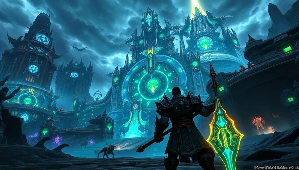 A breathtaking scene of the new raid location, Manaforge Omega, from World of Warcraft, illuminated by vibrant, glowing energy emanating from intricate machinery. In the foreground, a heroic character clad in formidable armor, wielding a glowing staff, representing the alliance against the forces of darkness. The middle ground reveals a sprawling, futuristic structure filled with pulsating blue and green lights, intricate machinations, and hostile creatures lurking in the shadows. In the background, a vast, stormy sky contrasts with the mechanical landscape, casting dramatic shadows. The mood is intense and foreboding, enhancing the sense of an epic battle ahead. The angle is slightly low to emphasize the grandeur of the structures while capturing the character's determination, with a focus on vibrant colors and dynamic lighting.
