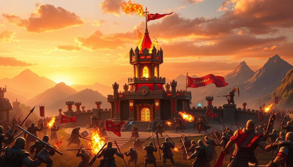 A captivating scene showcasing a Clash of Clans Town Hall 16 equipped with a fearsome Giga Inferno defense. In the foreground, the intricately designed Town Hall stands proud, surrounded by vibrant defenses and walls adorned with banners. The Giga Inferno tower glows ominously, showcasing its fiery potential. In the middle ground, conflict unfolds between attacking armies, with warriors and magical units clashing against the fortified structures, creating a dynamic sense of action. The background features a fantasy landscape with mountains and a sunset sky, casting dramatic shadows. Lighting is warm and fiery, enhancing the intensity of the scene. The overall mood is epic and adventurous, reflecting the strategic depth of defending with the Giga Inferno.