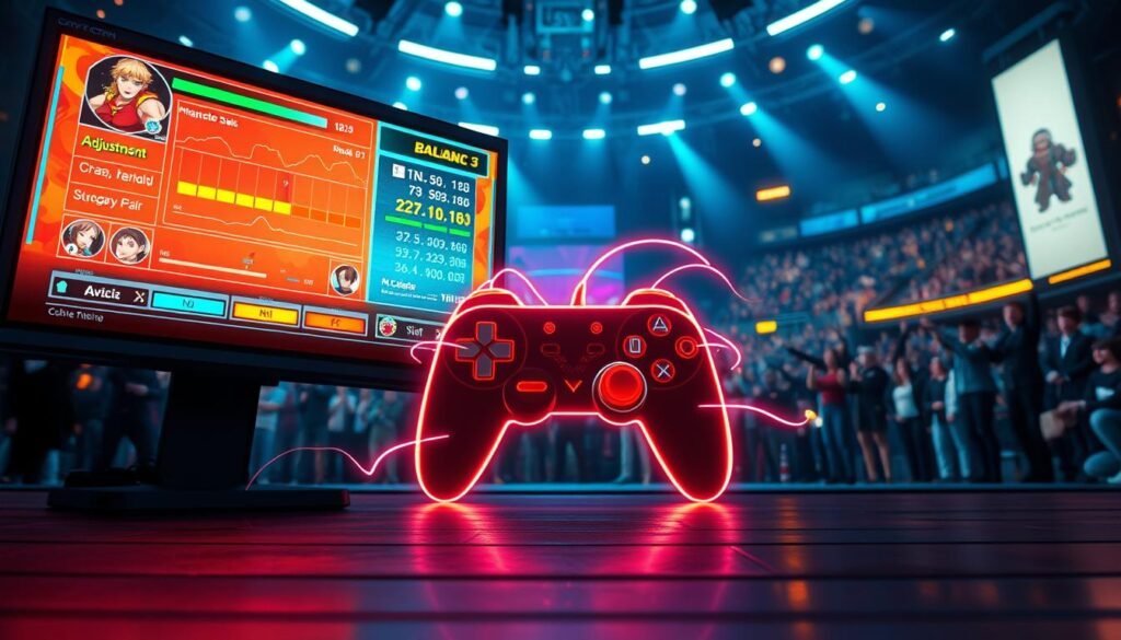 A dynamic and visually striking scene depicting a balance adjustment in a competitive fighting game environment. In the foreground, a digital display screen showcases character stats and adjustments in vibrant colors, with icons representing different characters on the roster. The middle ground features a stylized game controller, symbolizing gameplay mechanics and strategy, surrounded by glowing energy lines that suggest movement and fluidity. In the background, a futuristic arena with an audience cheering, lit by soft ambient lighting to create an engaging atmosphere. The overall mood is focused and intense, highlighting the meticulous nature of game balance and bug fixes, shot from a low angle to create a sense of importance and action.