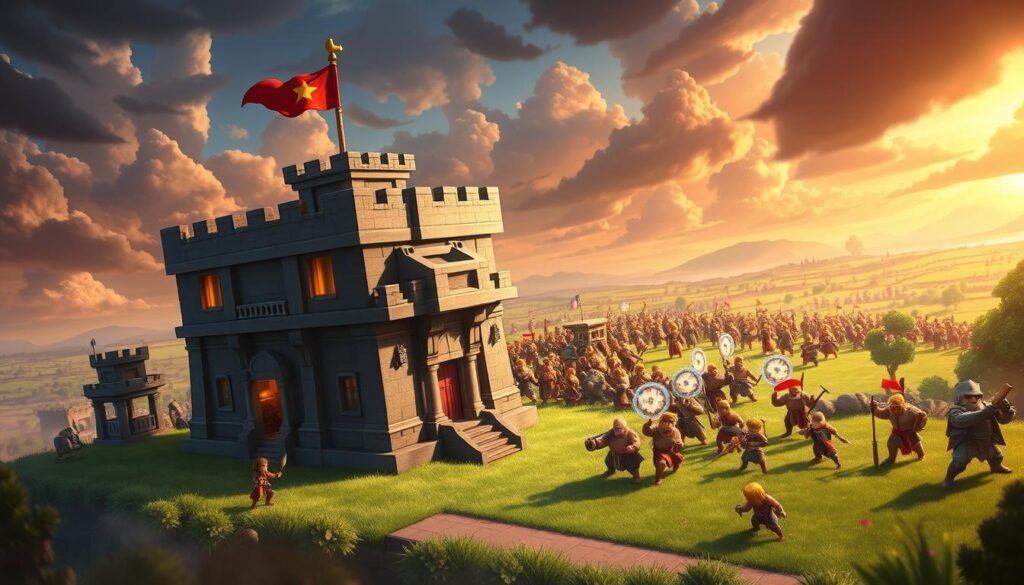 A highly detailed and dynamic illustration showcasing the new defense features of Town Hall 16 in Clash of Clans. In the foreground, the upgraded Town Hall 16 stands prominently, adorned with fortified walls and innovative defense mechanisms, such as advanced cannons and a magical aura. In the middle ground, various troops are actively strategizing their defense, displaying an array of dynamic poses and expressions. The background features a vibrant battlefield, complete with lush landscapes and ominous clouds expressing the tension of impending battles. Use dramatic lighting to create a sense of urgency, with sharp contrasts illuminating the Town Hall and troops. The overall atmosphere should resonate with excitement and anticipation, encapsulating the essence of a significant Clash of Clans update. A sense of strategic planning and innovation should permeate the image, enticing viewers into the tactical world of the game.