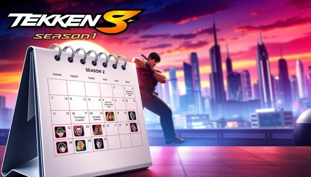 A visually striking digital artwork depicting a game release schedule for "Tekken 8 Season 2" in a sleek, futuristic style. In the foreground, a stylized calendar page features highlighted dates and icons representing the new characters set to be released, designed to resemble a fighting game interface. The middle ground illustrates iconic martial arts scenes with dynamic poses of fighters, emphasizing action and excitement. The background features a high-tech city skyline under a vibrant sunset, casting colorful light onto the scene. The atmosphere is energetic and anticipatory, evoking the thrill of upcoming gaming updates. The composition should be balanced, with a depth of field effect focusing on the calendar, while the lighting enhances the futuristic and competitive mood without any text or logos.