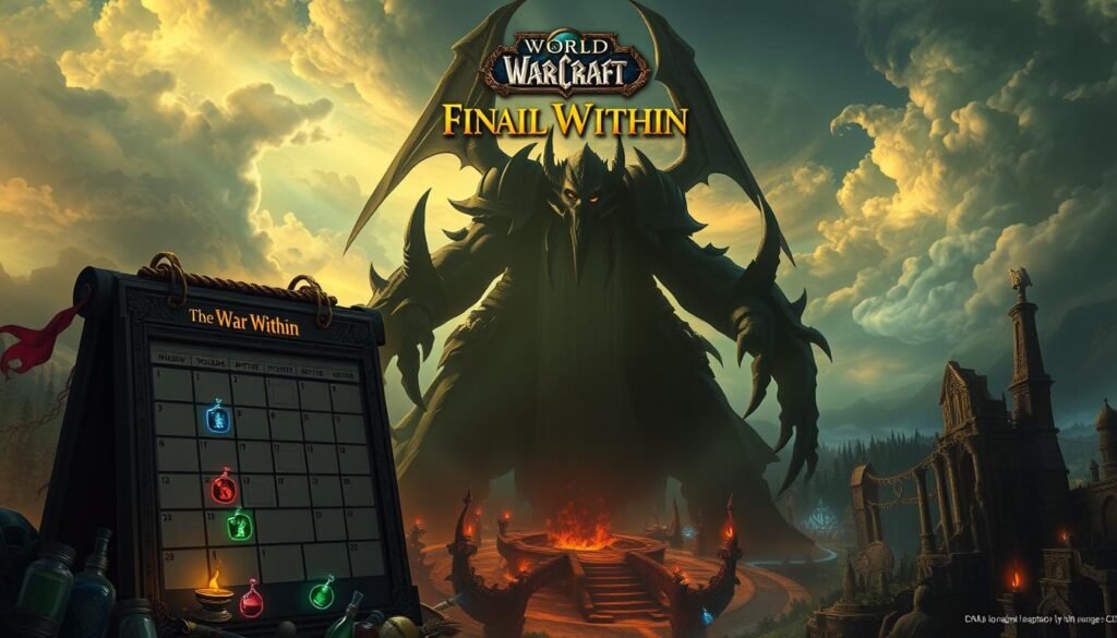 An intricate and detailed patch release schedule illustration for the World of Warcraft expansion featuring "The War Within." In the foreground, display a stylized calendar with dates highlighted, surrounded by colorful, iconic in-game items like potions and scrolls. In the middle ground, depict a fierce, shadowy representation of the final boss, looming over a magical landscape filled with dark forests and ancient ruins. The background should reveal a dramatic sky, filled with swirling clouds and hints of magic, illuminated by ethereal light reflecting off the environment. The overall mood is intense and captivating, showcasing the excitement of the game announcement. Use a cinematic angle, with dynamic lighting to enhance the magical atmosphere, suggesting anticipation and adventure.