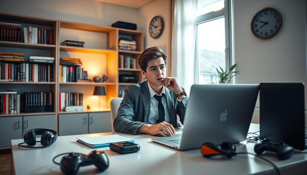 A contemplative young adult sitting at a sleek, modern desk in a well-lit room, illuminated by soft natural light streaming through a window. They are dressed in smart casual attire, looking at a laptop with a concerned expression, as various gaming items, like headphones and controllers, are scattered around. In the background, shelves filled with books on psychology and self-help create an inspiring atmosphere. A wall clock shows a late hour, conveying a sense of urgency to seek help. The mood is tense yet hopeful, encapsulating the importance of recognizing the need for professional assistance in overcoming online gaming addiction. The angle is slightly above eye-level, focusing on the subject's thoughtful demeanor as they contemplate their next steps.