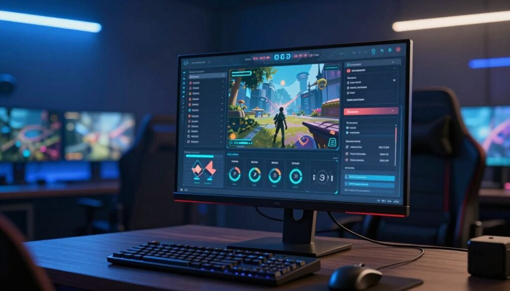 A detailed and immersive graphic settings interface from a first-person shooter game. In the foreground, display a computer monitor showcasing a sleek and modern game settings menu with vibrant options for graphics quality, resolution, and frame rate. Use a high-tech keyboard and mouse positioned in front of the screen. The middle ground features a dimly lit gaming room with ambient LED lighting casting a blue hue, emphasizing a focused and intense atmosphere. In the background, abstract representations of game worlds subtly blur to conjure excitement and dynamism. Utilize soft, diffused lighting to create depth, with a slight lens flare effect to evoke realism and engagement. The overall mood is professional yet energetic, highlighting the importance of optimization settings in gaming experiences.