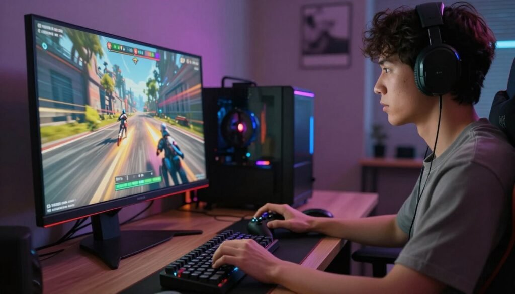 A dynamic scene illustrating a seamless gameplay experience in a modern video game environment. In the foreground, a sleek gaming setup with a high-resolution monitor displays vibrant, smooth graphics of a fast-paced action scene. The middle ground features a gamer in professional casual attire, intently focused on the screen, fingers dancing over a mechanical keyboard and game controller. The background includes a softly lit room, showcasing high-tech gaming peripherals and ambient LED lights that create a futuristic yet comfortable atmosphere. Soft shadows enhance the depth, and a slight blur on the edges adds a cinematic touch, emphasizing the fluid motion on the screen. The overall mood is intense yet exhilarating, conveying the essence of stabilized frame rates in achieving smooth gameplay.