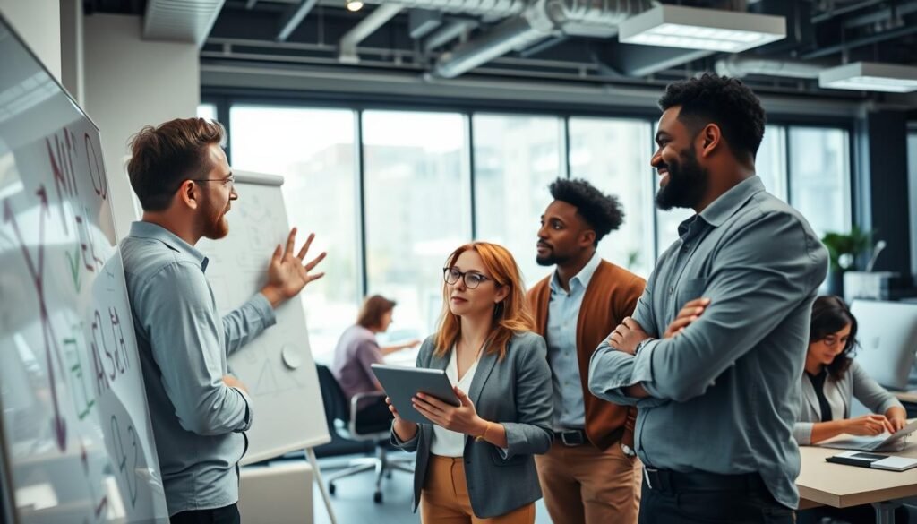 A dynamic scene showcasing a diverse team of professionals collaborating effectively in a modern office setting. In the foreground, three individuals—two men and one woman—engaged in animated discussion, demonstrating solid communication. The man on the left is gesturing toward a whiteboard filled with notes and diagrams, while the woman in the center is taking notes on a tablet. The other man, leaning slightly forward, has a thoughtful expression, emphasizing focus and engagement. In the middle background, additional teammates are seen working at desks, epitomizing teamwork. Soft, natural lighting from a large window creates an upbeat atmosphere, while contemporary office decor enhances the professional vibe. The image captures a sense of unity, collaboration, and strategic thinking in a high-energy environment.